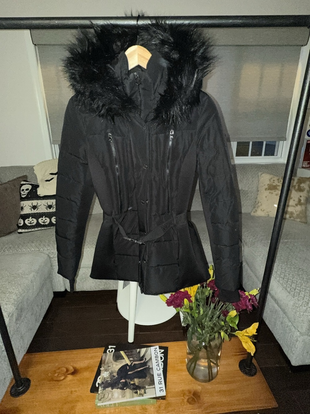Michael Kors Small Black Belted Puffer Coat Faux Fur Hood Winter Jacket